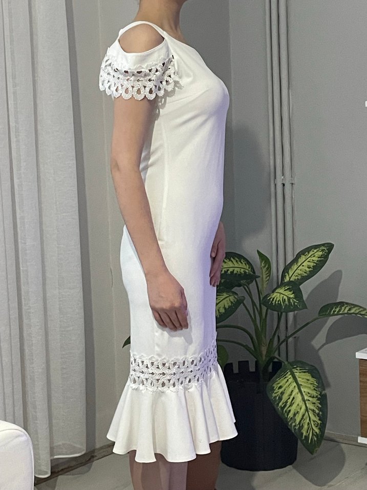 Dantel Detaylı Beyaz Midi Abiye Elbise - Görsel 3