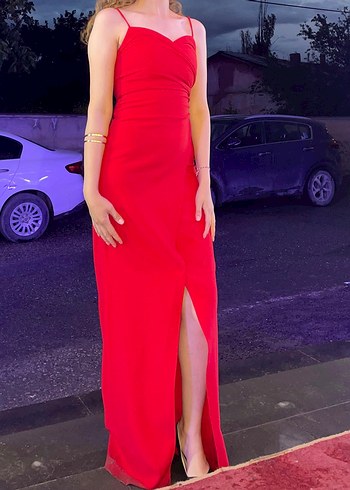 Uzun Kırmızı Drapeli V Yaka Abiye Elbise - Görsel 2