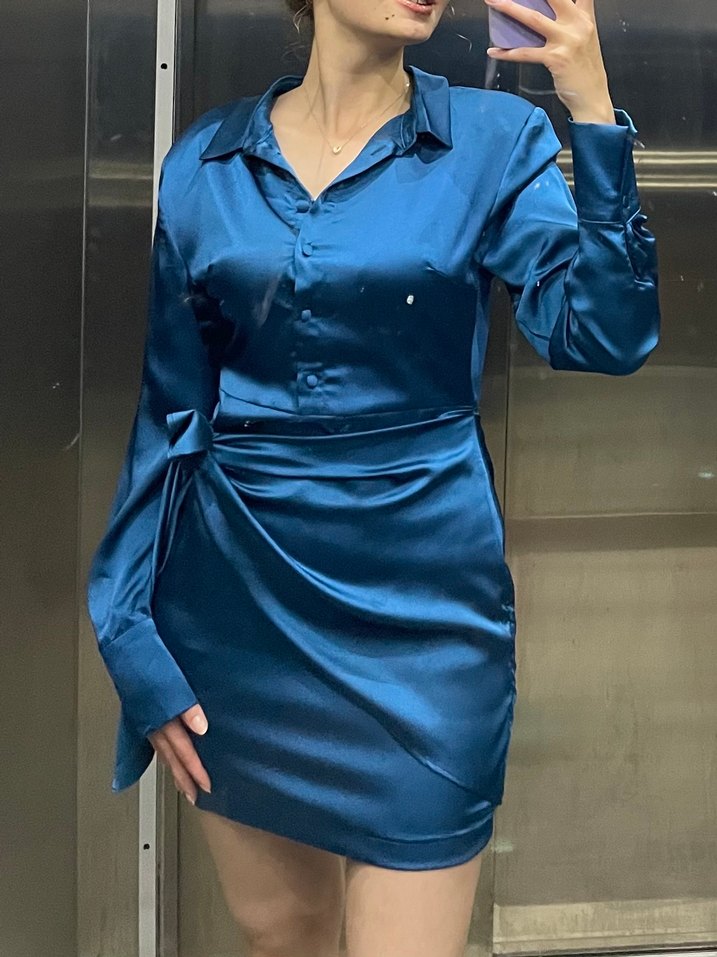 Parlak Mavi V Yaka Drapeli Ofis Elbisesi - Görsel 2