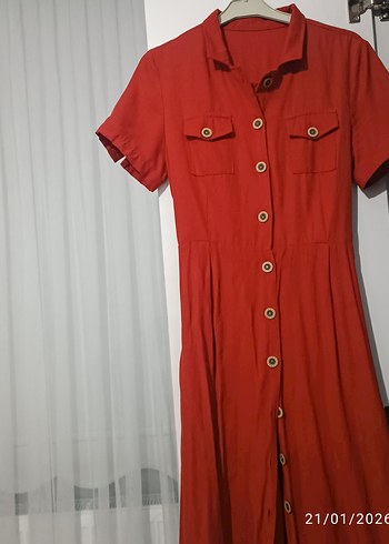 Düğmeli Kırmızı Midi Elbise - Görsel 2