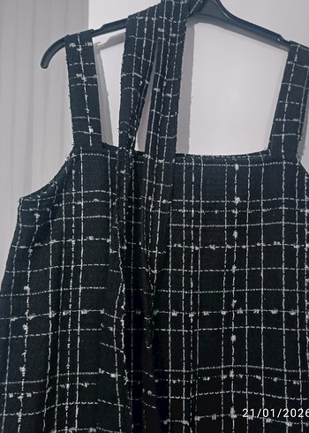 Kadın Siyah Kareli Uzun Kumaş Tulum - Görsel 3