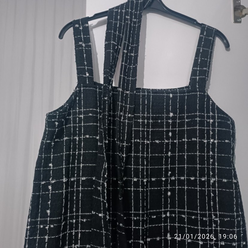 Kadın Siyah Kareli Uzun Kumaş Tulum - Görsel 3