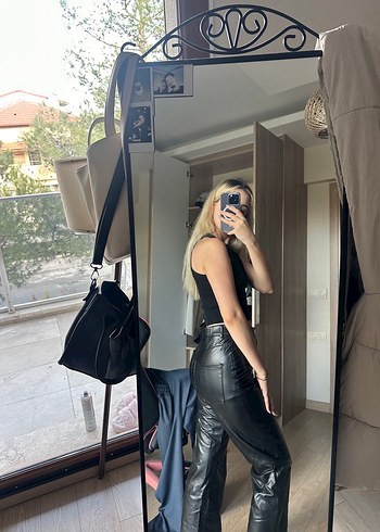 Siyah Deri Kadın Boyfriend Pantolon - Görsel 2