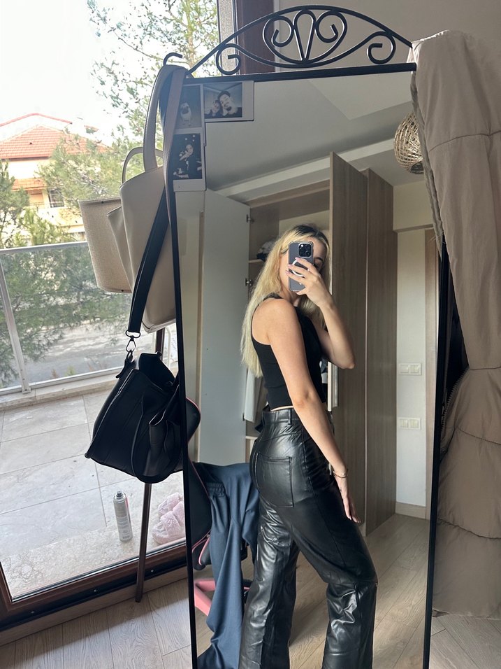 Siyah Deri Kadın Boyfriend Pantolon - Görsel 2