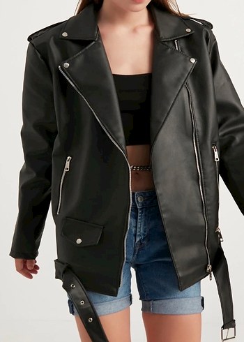 Kadın Siyah Deri Biker Ceket - Görsel 3