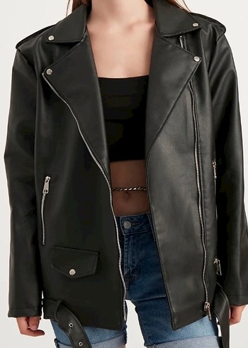 Kadın Siyah Deri Biker Ceket - Görsel 2