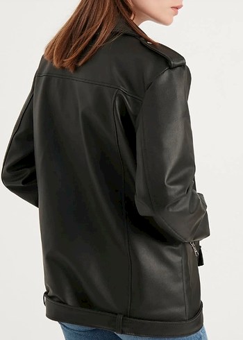 Kadın Siyah Deri Biker Ceket - Görsel 5
