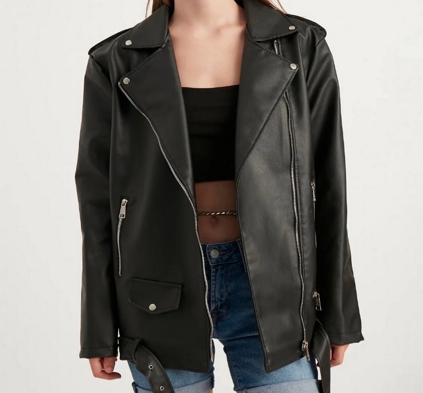 Kadın Siyah Deri Biker Ceket - Görsel 2