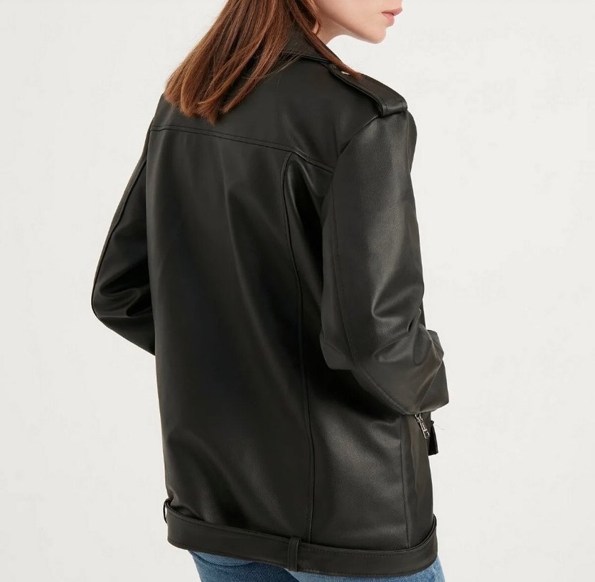 Kadın Siyah Deri Biker Ceket - Görsel 5
