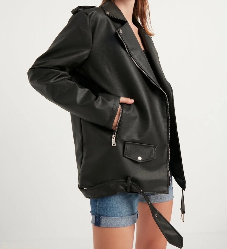 Kadın Siyah Deri Biker Ceket - Görsel 4