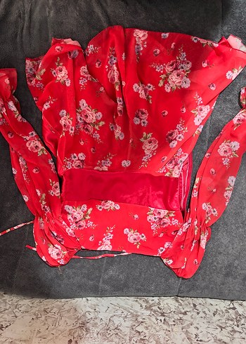 Kırmızı Çiçekli Uzun Kollu Bohem Kadın Kimono - Görsel 2