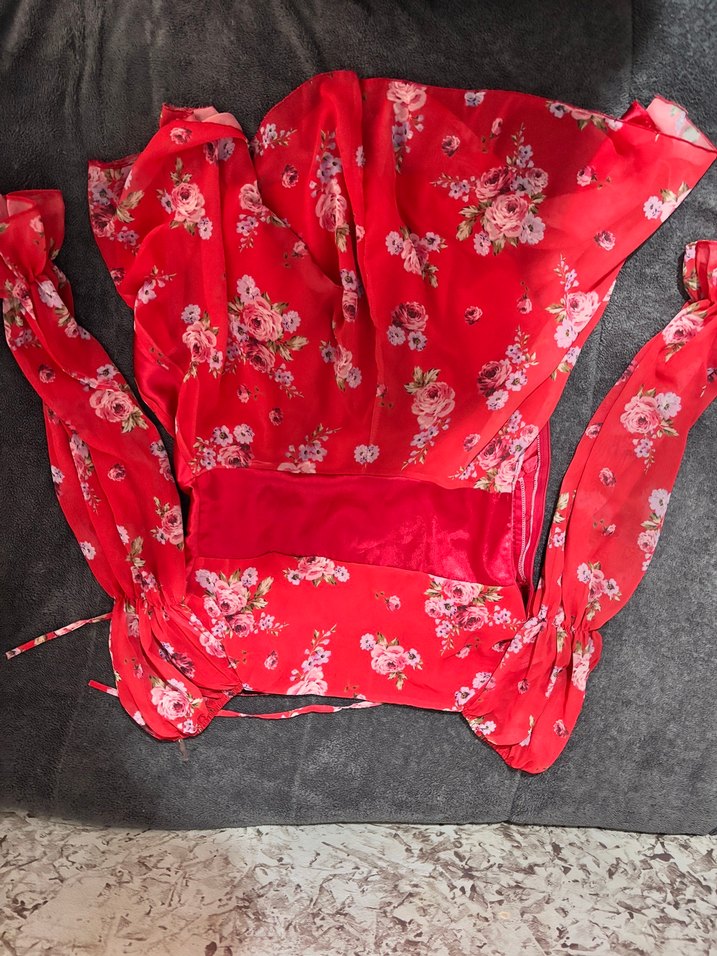 Kırmızı Çiçekli Uzun Kollu Bohem Kadın Kimono - Görsel 2