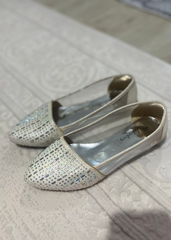 Beyaz Parlak Payetli Kadın Topuklu Babet - Görsel 2