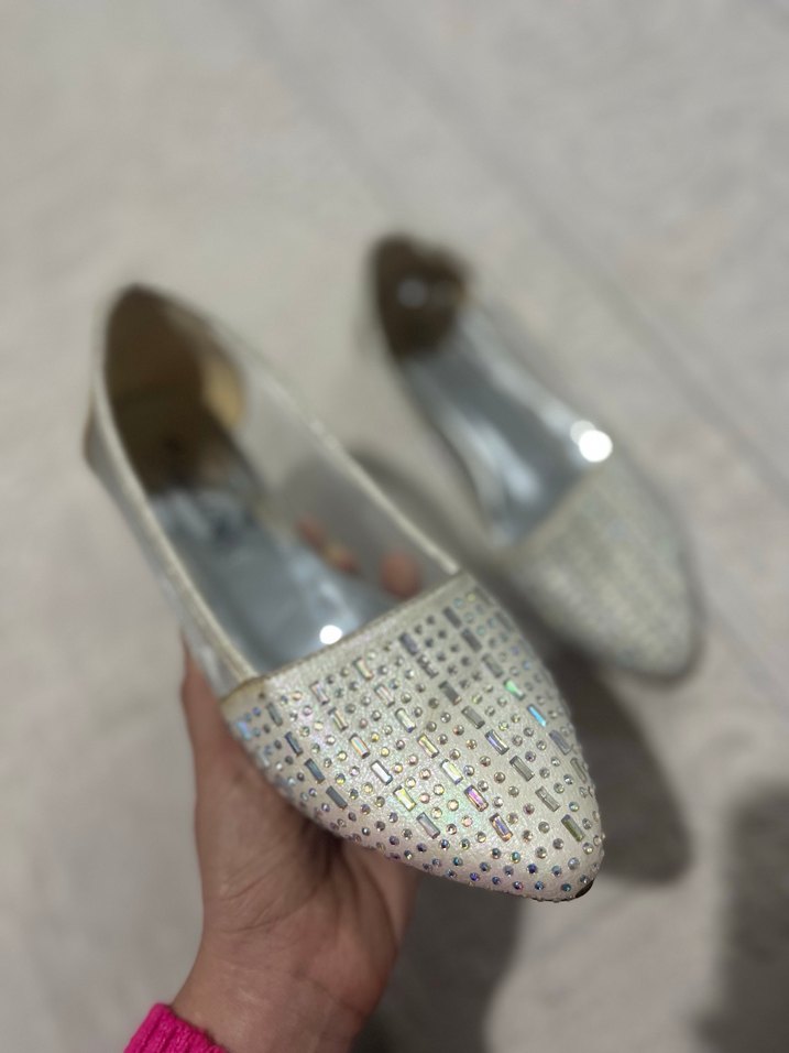 Beyaz Parlak Payetli Kadın Topuklu Babet - Görsel 3