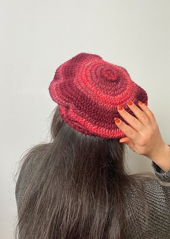 Bordo Renkli Örgü Bohem Bere - Görsel 4