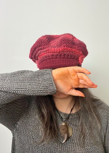 Bordo Renkli Örgü Bohem Bere - Görsel 2