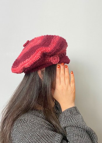 Bordo Renkli Örgü Bohem Bere - Görsel 3