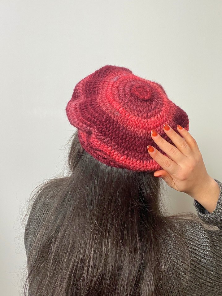 Bordo Renkli Örgü Bohem Bere - Görsel 4