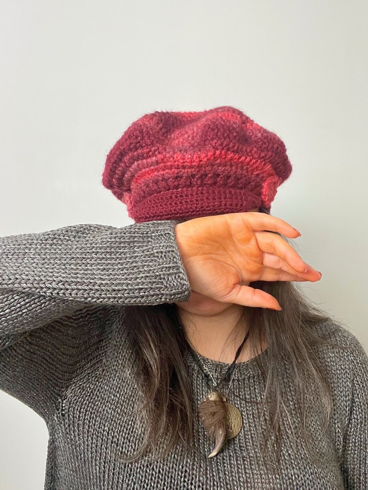 Bordo Renkli Örgü Bohem Bere - Görsel 2