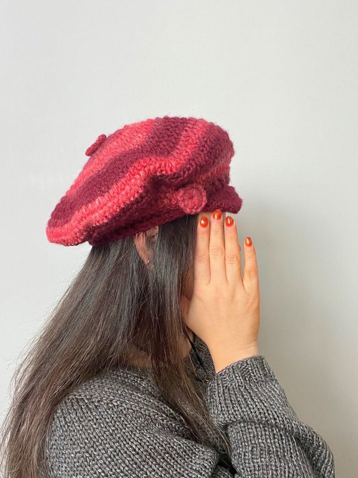 Bordo Renkli Örgü Bohem Bere - Görsel 3