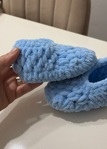 Kızlar için Mavi Örgü Yün Ev Terliği - Görsel 2