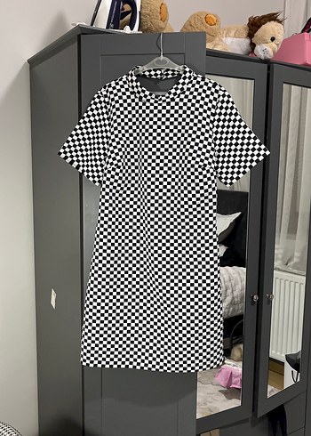Siyah Beyaz Kareli Mini elbise - Görsel 2