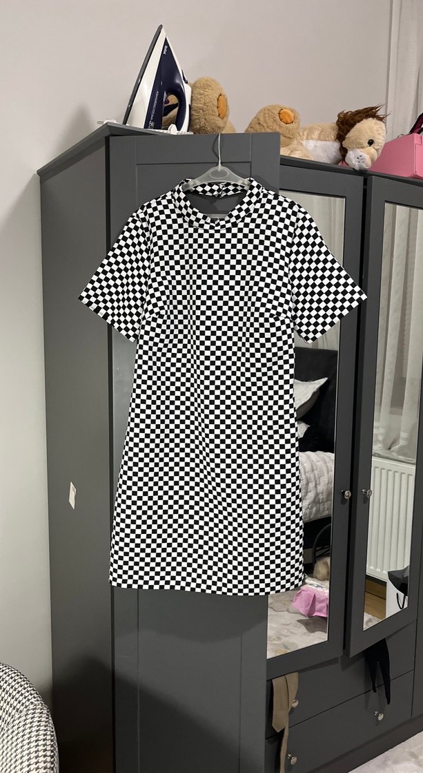 Siyah Beyaz Kareli Mini elbise - Görsel 2