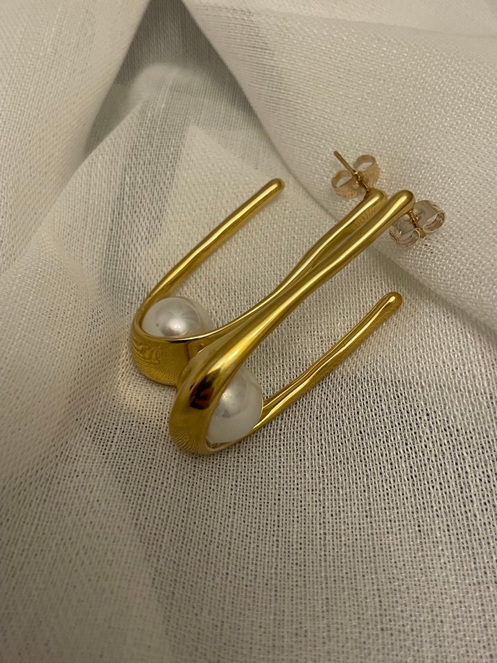 Uzun Parlak Altın incili Kadın Küpeler - Görsel 4