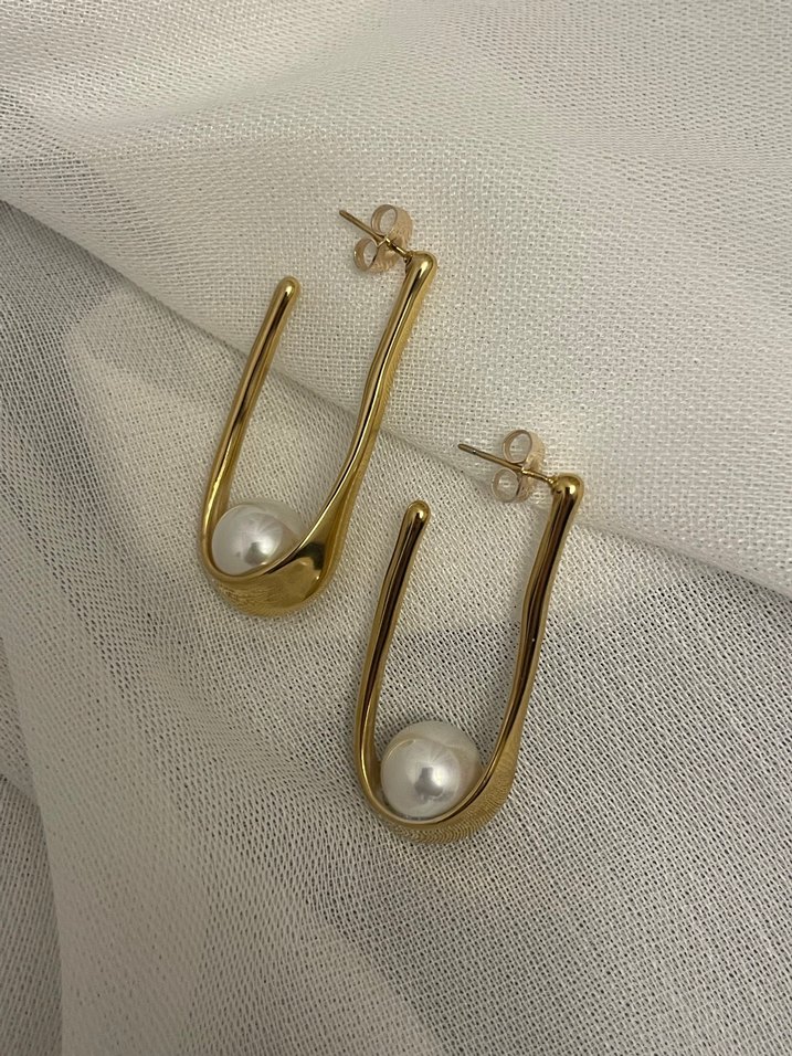 Uzun Parlak Altın incili Kadın Küpeler - Görsel 2