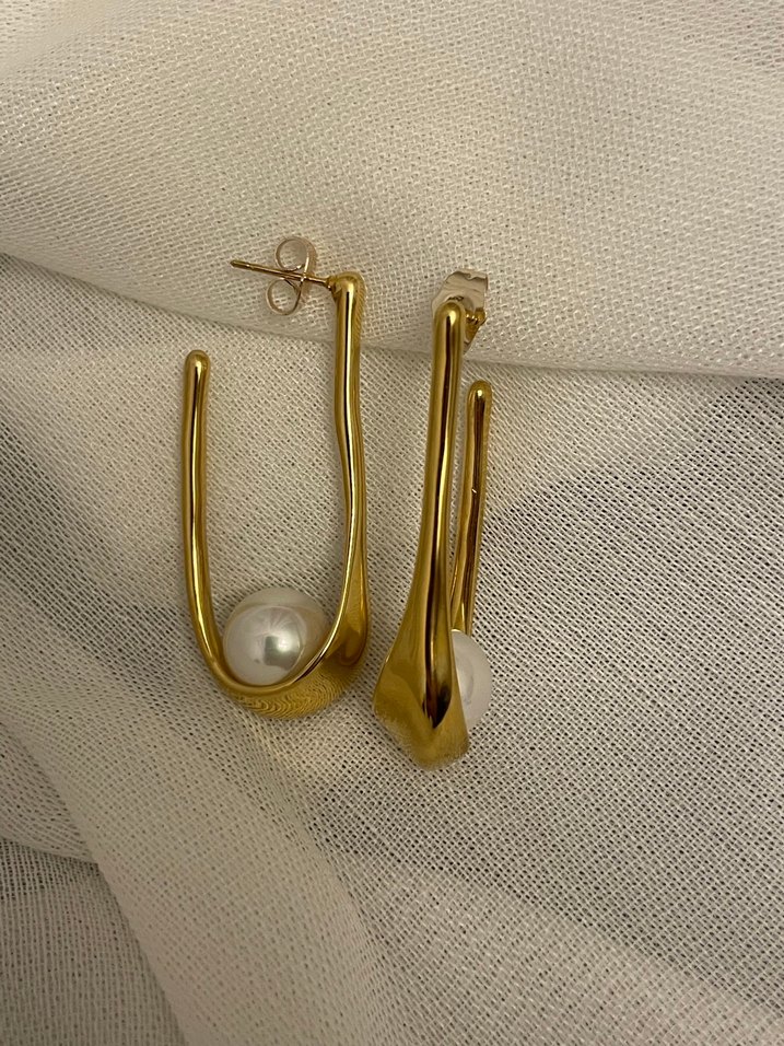 Uzun Parlak Altın incili Kadın Küpeler - Görsel 3