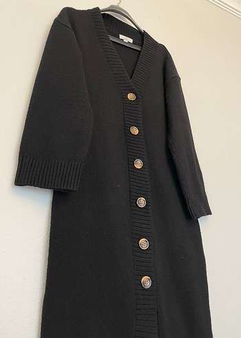 Düğmeli Siyah Midi Triko Elbise - Görsel 4