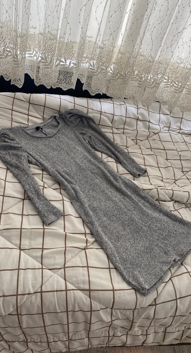 Gri Uzun Kollu Triko Elbise - Görsel 2