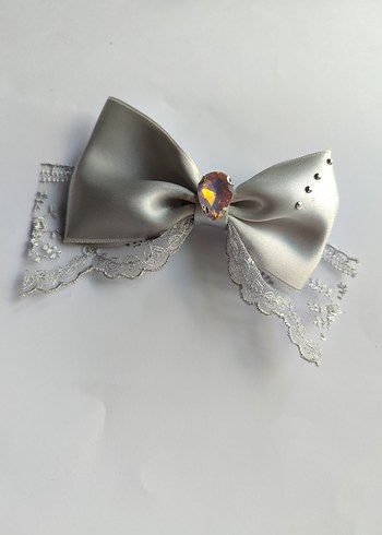 Gri Saten Fiyonk Dantel Detaylı Saç Tokası - Görsel 2