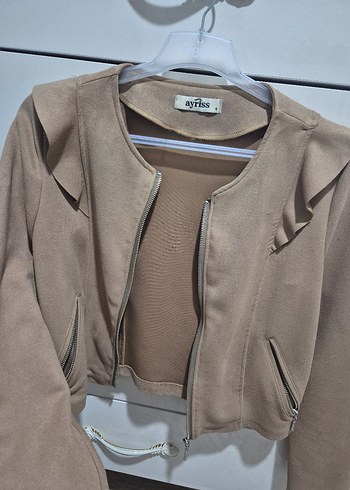 Bej Mini Süet Fermuarlı Kadın Ceket - Görsel 2