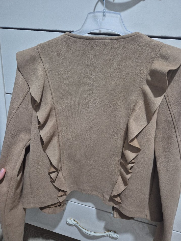 Bej Mini Süet Fermuarlı Kadın Ceket - Görsel 3