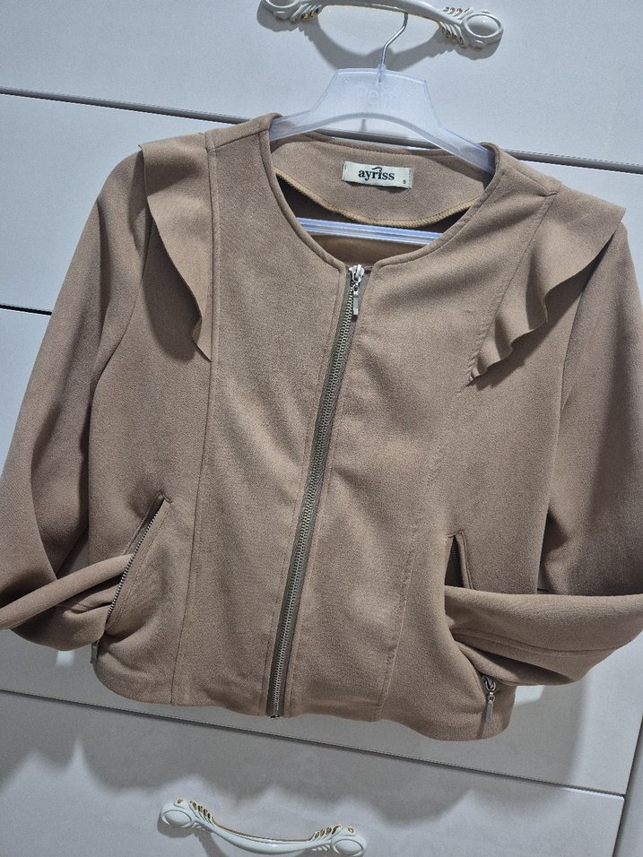 Bej Mini Süet Fermuarlı Kadın Ceket - Görsel 4