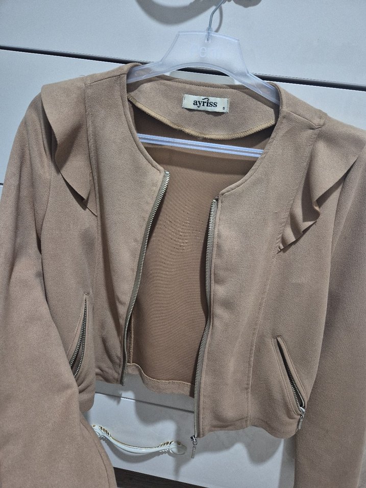 Bej Mini Süet Fermuarlı Kadın Ceket - Görsel 2