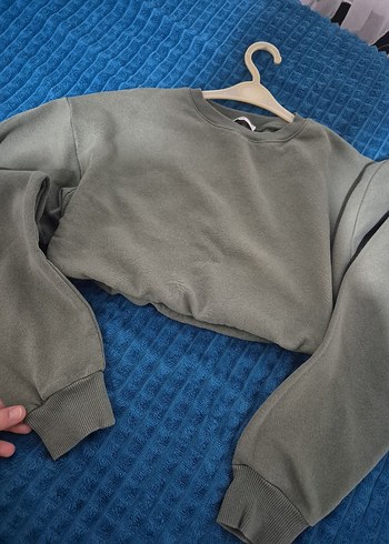 Yeşil Kadın Sweatshirt, Bisiklet Yaka, Salaş Kesim Crop - Görsel 5