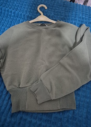Yeşil Kadın Sweatshirt, Bisiklet Yaka, Salaş Kesim Crop - Görsel 4