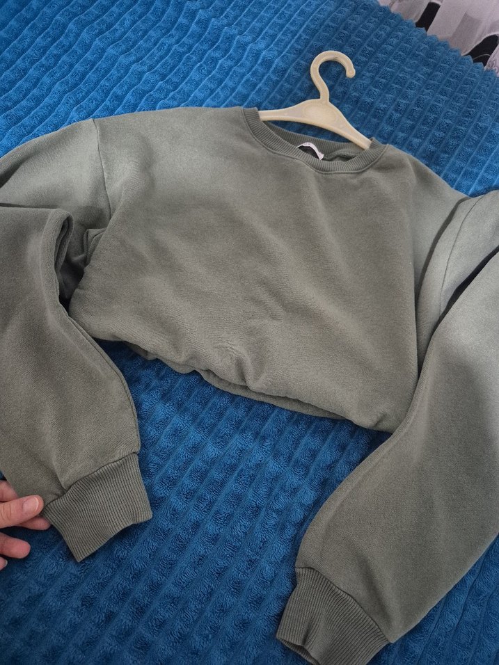 Yeşil Kadın Sweatshirt, Bisiklet Yaka, Salaş Kesim Crop - Görsel 5