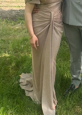 Bej Drapeli Uzun Abiye Elbise - Görsel 3