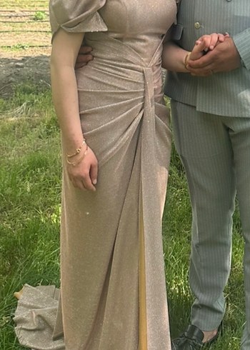 Bej Drapeli Uzun Abiye Elbise - Görsel 2