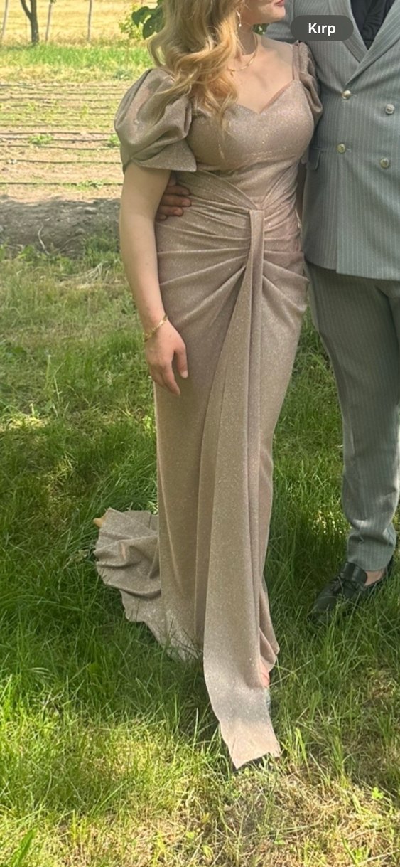 Bej Drapeli Uzun Abiye Elbise - Görsel 3