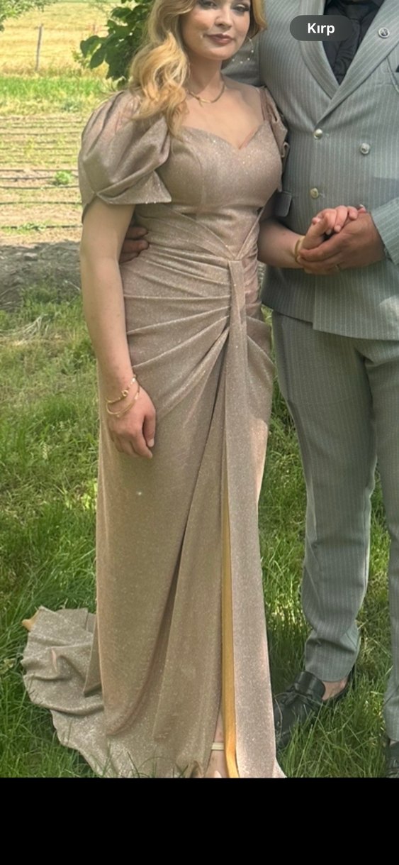 Bej Drapeli Uzun Abiye Elbise - Görsel 2