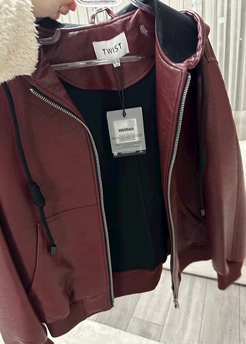 Twist Bordo Kapüşonlu Kadın Deri Ceket - Görsel 2