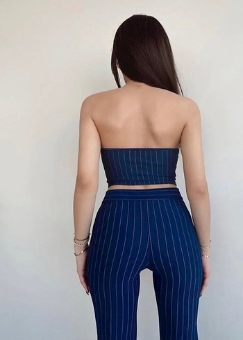 Lacivert Çizgili Straplez Büstiyer & Pantolon İkili Takım - Görsel 3