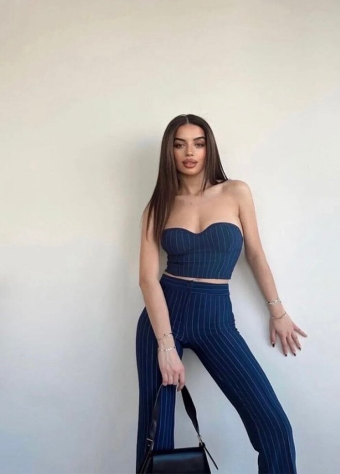 Lacivert Çizgili Straplez Büstiyer & Pantolon İkili Takım - Görsel 2
