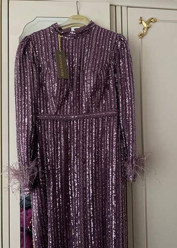 Mor Payetli Uzun Kollu Abiye Elbise - Görsel 4