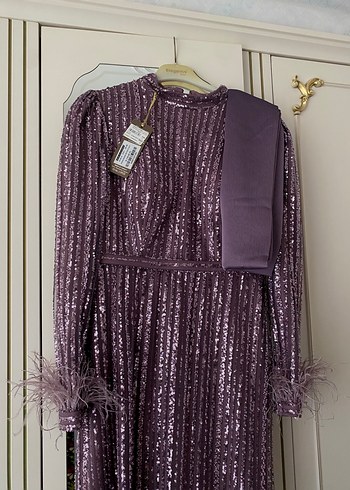 Mor Payetli Uzun Kollu Abiye Elbise - Görsel 7