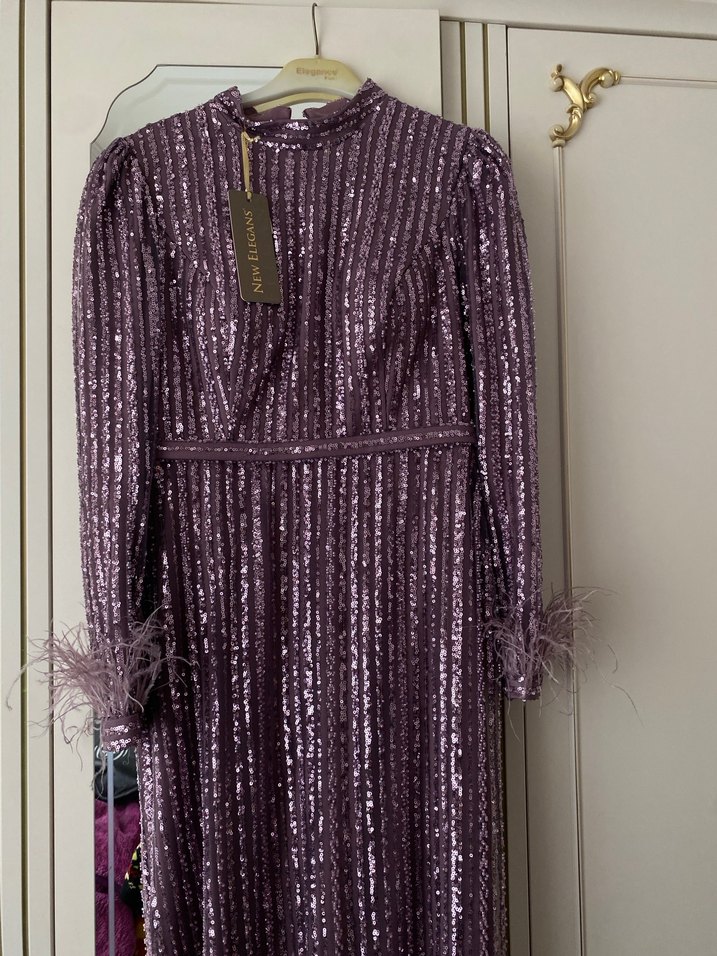 Mor Payetli Uzun Kollu Abiye Elbise - Görsel 4